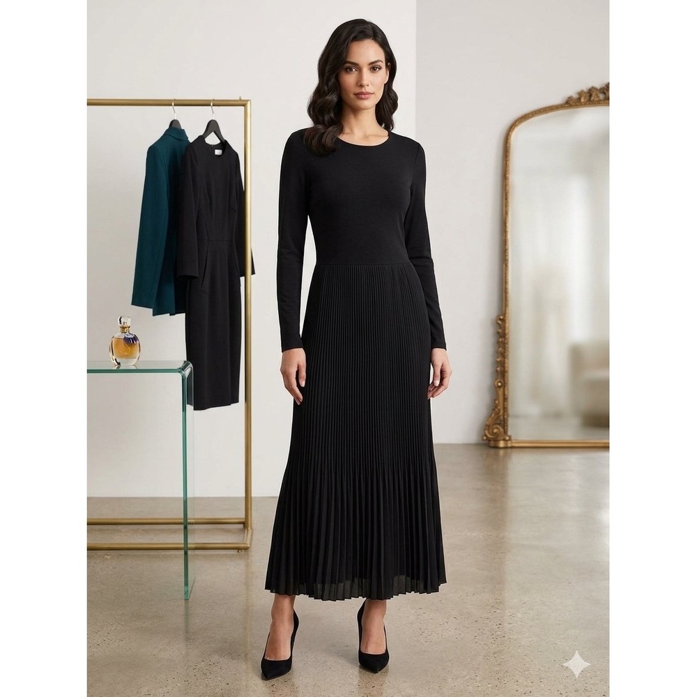 Riva Womens Black Long Sleeve Pleated Mixed Media Maxi Dress Size Small